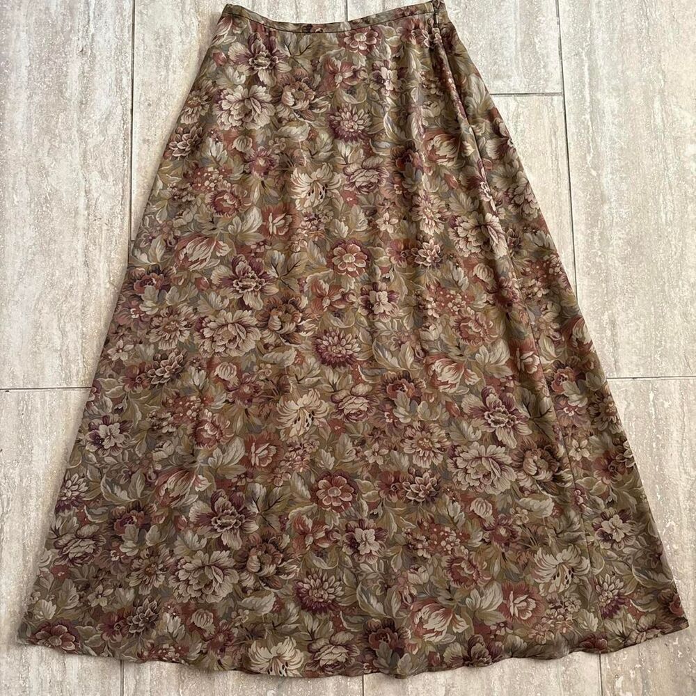 Vintage y2k Lauren Ralph Lauren 100% Silk Brown Floral Maxi Skirt Sz 6 Cottage